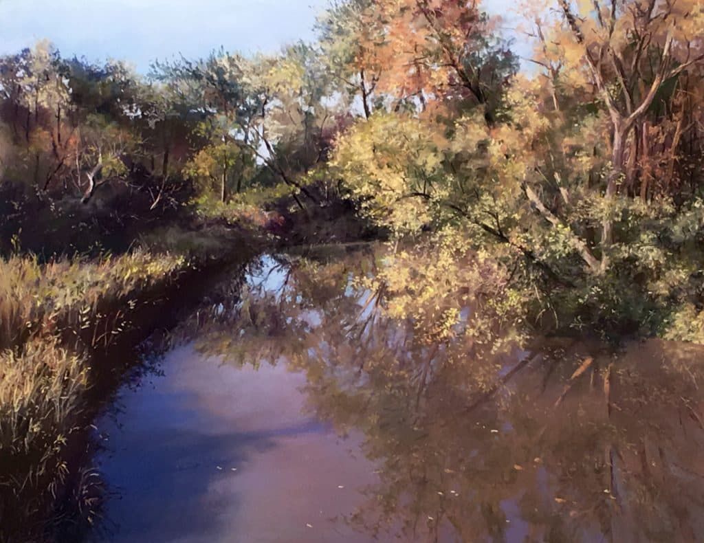 Tranh phong cảnh "Autumn Creek" (tranh phấn màu, 21×27) của Marcia Wegman