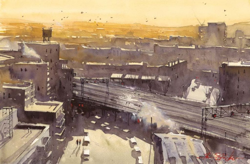 Tranh phong cảnh "Bermondsey, London" (tranh màu nước, 14×21) của Ron Stocke
